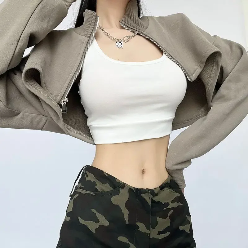 2023 mode Sexy Frauen Sport Kurze Jacke Casual Streetwear Solide Zip Langarm Crop Tops Mäntel Goth Weibliche Y2K Jacken