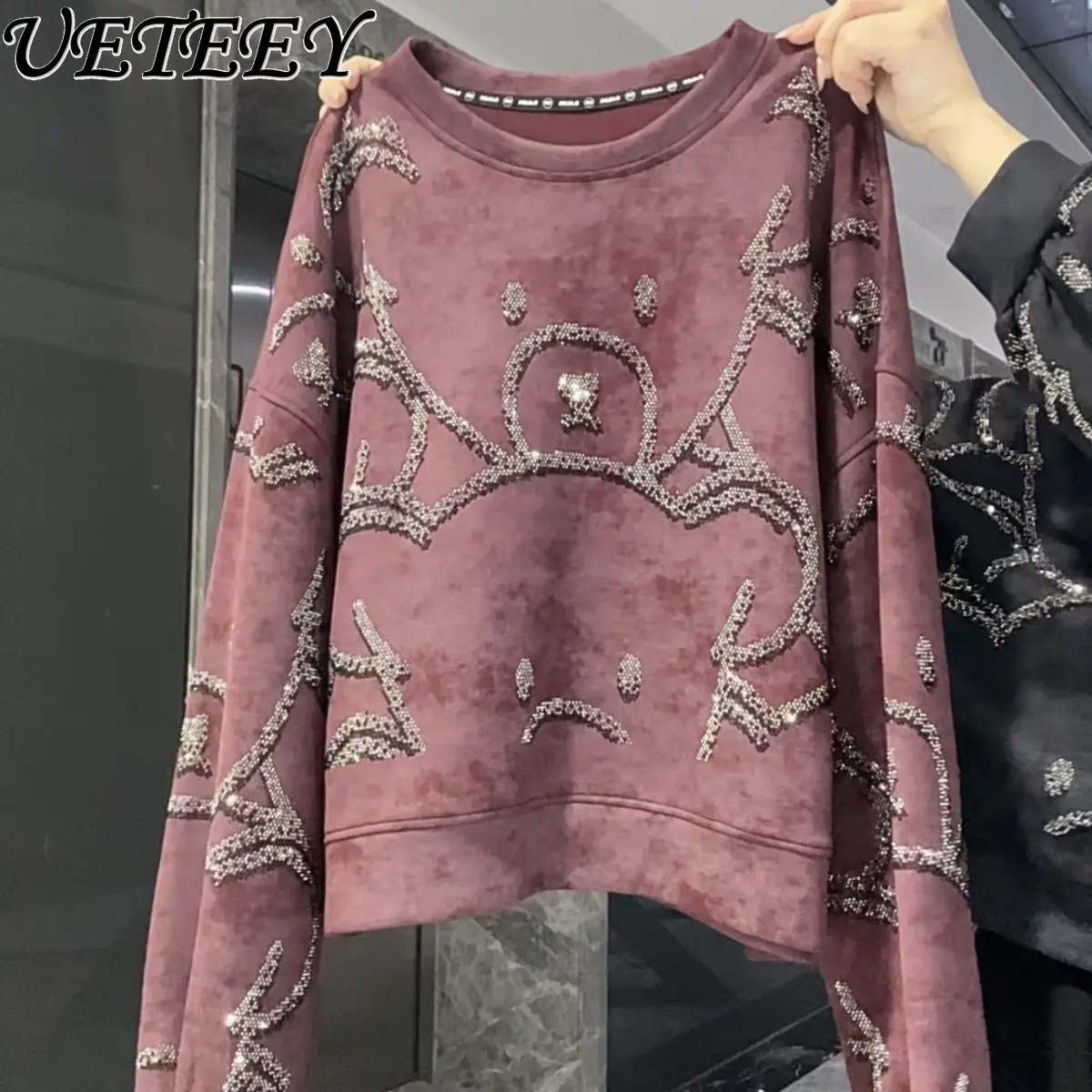 Cartoon Contrasting Color Hollow Round Neck Long-sleeve Sweatshirt Top Slimming Design Loose Casual Thin Hoodie Jacket Tshirt