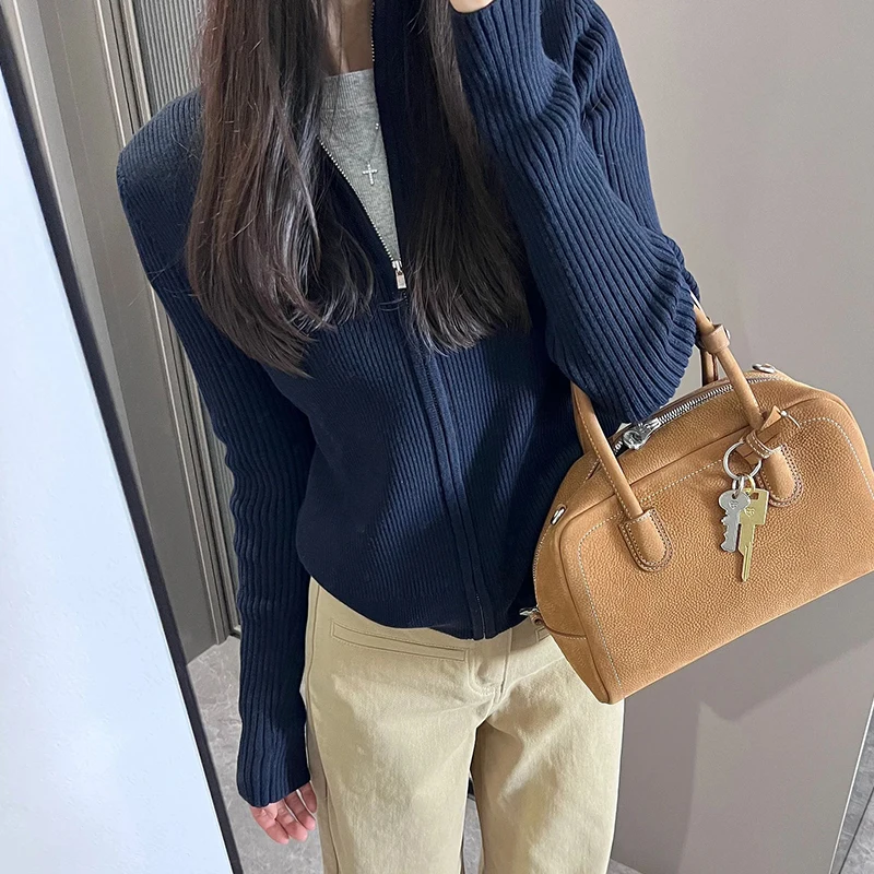 

Вязаный кардиган на молнии, женский облегающий кардиган для поездок на работу, весна-осень, длина, повседневное универсальное верхнее пальто Fem