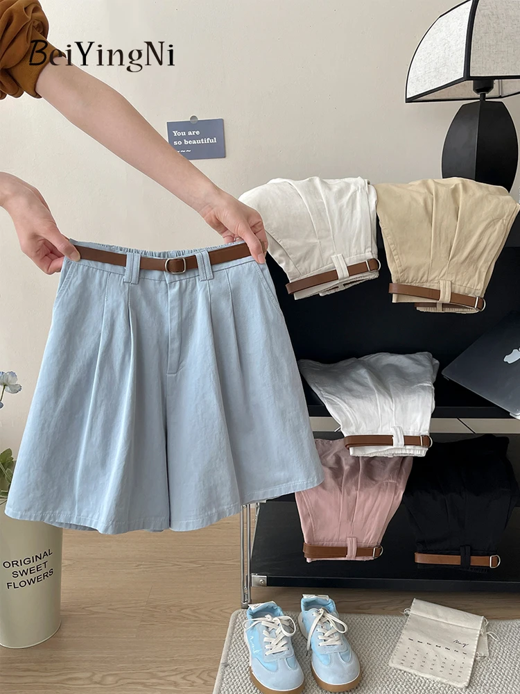 Beiyingni 2025 Summer Korean Women's Shorts With Belt Casual Chic Washed Cotton Wide Leg Short Pants Female Streetwear Clothes