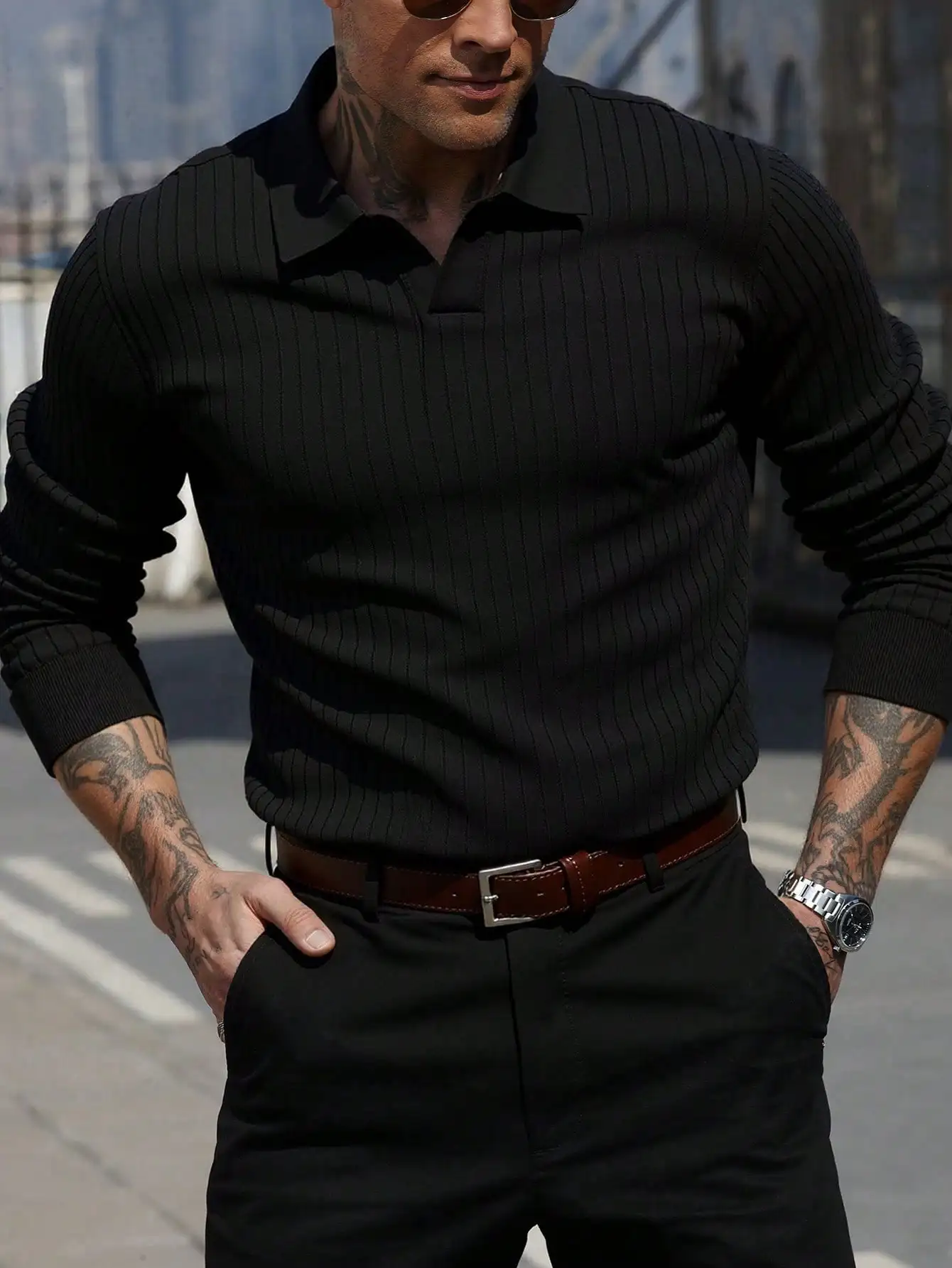 

Мужская рубашка-поло с длинным рукавом, приталенного кроя, из ребристой ткани, черная, для повседневной и деловой носки