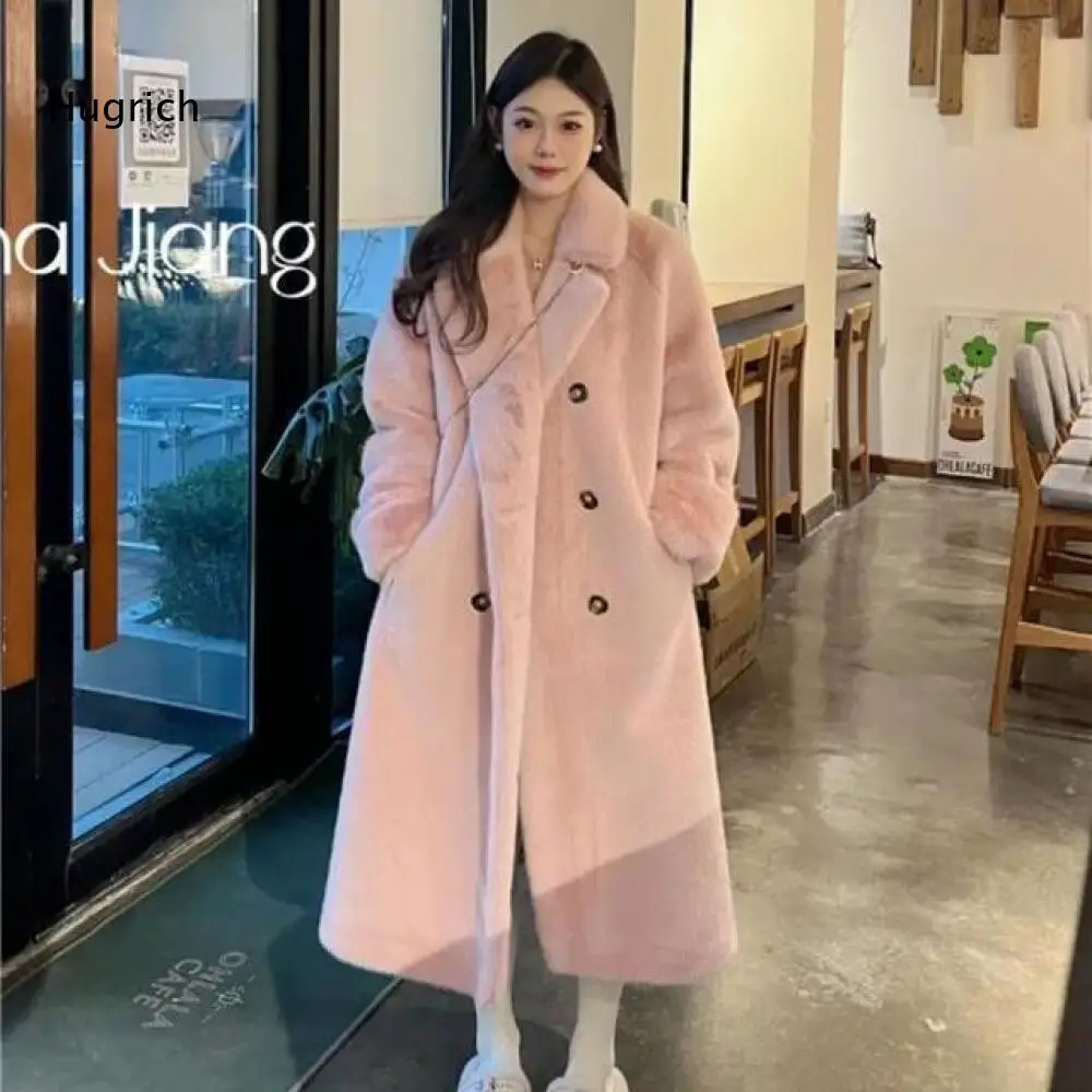 Women Beige Faux Mink Fur Coat With Notched Lapel And Double Breasted Buttons Warm Winter Outerwear For Casual Or Office Wear