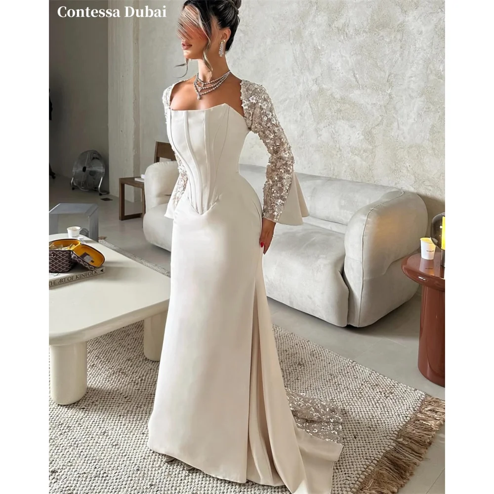 Contessa Custom Champagne Square Neck Evening Dress Corset Sequin Prom Dresses Train Vestidos De Noche Mermaid Formal Evening