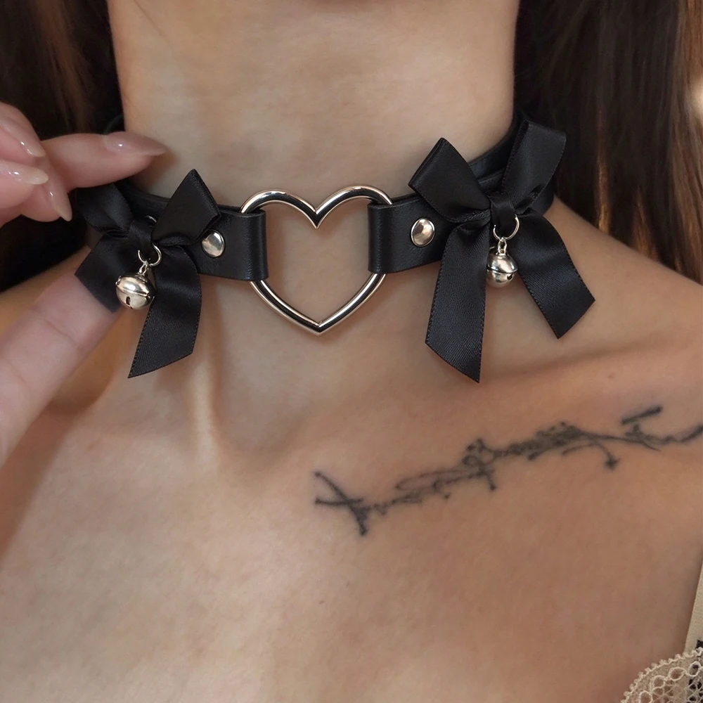 Yupsk 1Pc Gothic Black PU Leather Choker Necklace for Cool Girls Hollowed-out Heart Shape Bell Charm Necklaces Party Accessories