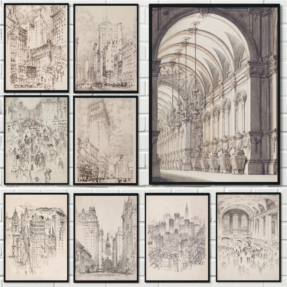 Póster de paisaje de edificio callejero con dibujo de línea de boceto abstracto Retro, impresiones de pintura en lienzo, imagen artística de pared para decoración del hogar y habitación