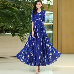 2024 Women's Summer Dress New Print Chiffon Long Bohemian Slim Beach Dress V-Neck Middle Sleeve Female Party Dress Vestidos 4XL