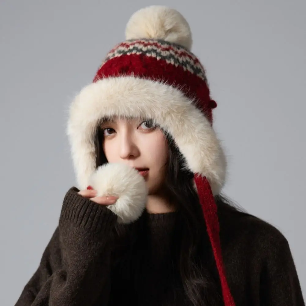 Topi Rajut Jacquard Hangat Retro Motif Cetak Wol Gaya Fair Isle Beanies Gaya Etnik Retro Lei Feng Aksesoris Pakaian