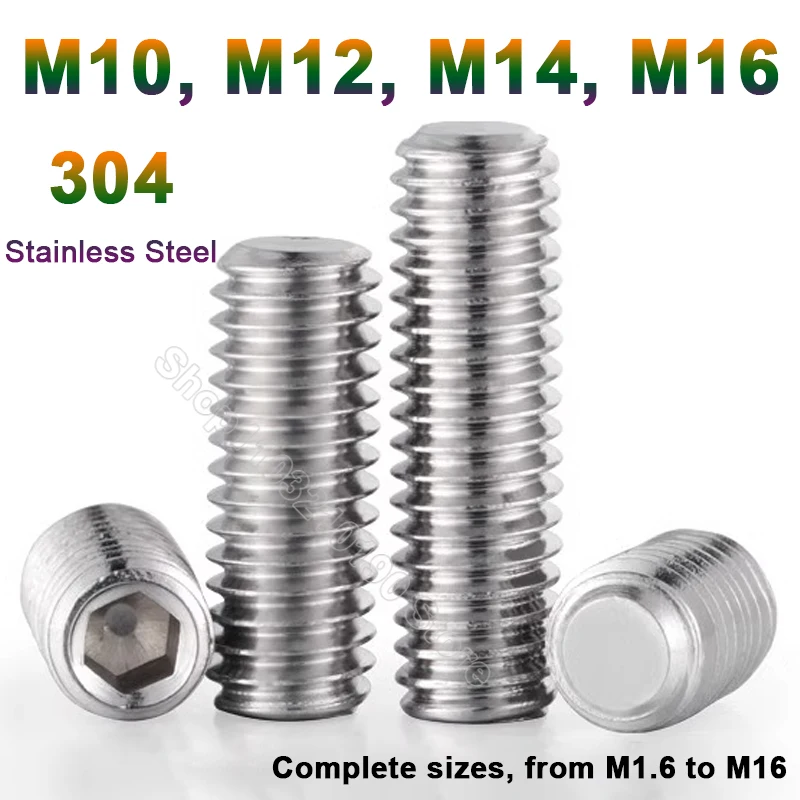 

1-5Pcs Hexagon Hex Socket Set Screw Flat Point Allen Head M10 M12 M14 M16 304 Stainless Steel End Grub Headless Bolts L=6-70mm