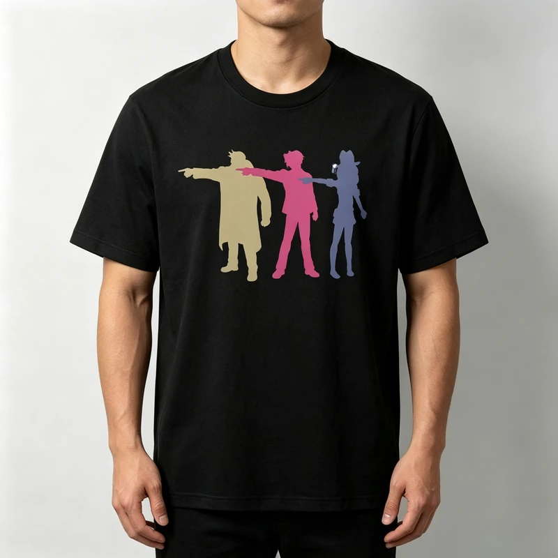 Ace Attorney Game Mens RetroT Shirt Three Character Silhouette Graphic Tee Men Women 100% Cotton Crew Neck Gyakuten Saiban Top