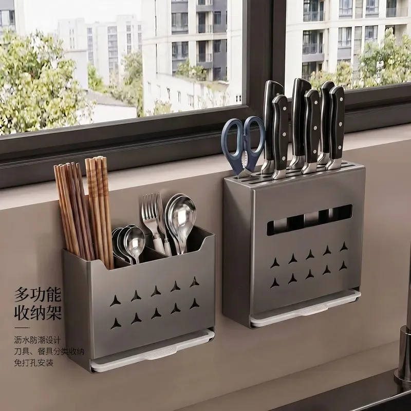 Wall Mounted Kitchen Knife Holder Shelf Multi Functional Chopstick Cartridge Integrated Tool Storage Rack for Household
