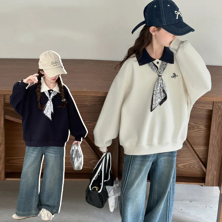 

Осенние школьные комплекты из 2 предметов для девочек, детский свитшот с отложным воротником и принтом для девочек от 5 до 14 лет, прямые джинсы для девочек, детская одежда для девочек