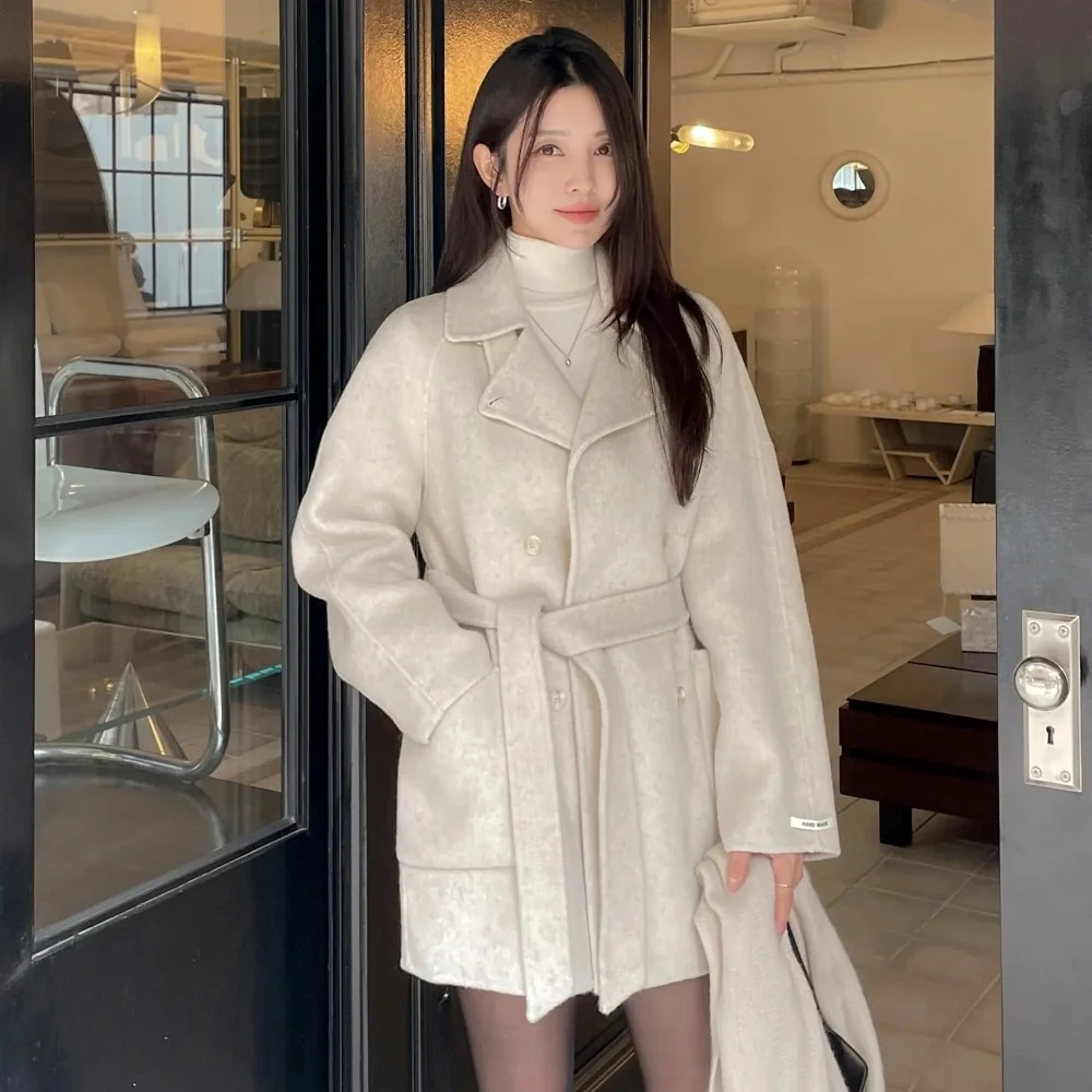 

Шикарное шерстяное пальто женское Hepburn Sle с двойным воротником, повседневное длинное пальто с поясом средней длины Jaet Long Sve, свободный крой, для поездок на работу