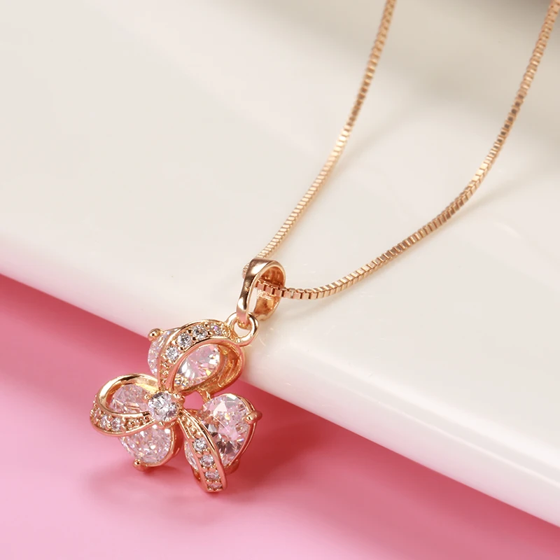 SYOUJYO Shiny Natural Zircon Pendant Necklace For Women 585 Rose Gold Color Fine Jewelry Box Chain Bride Wedding Necklace