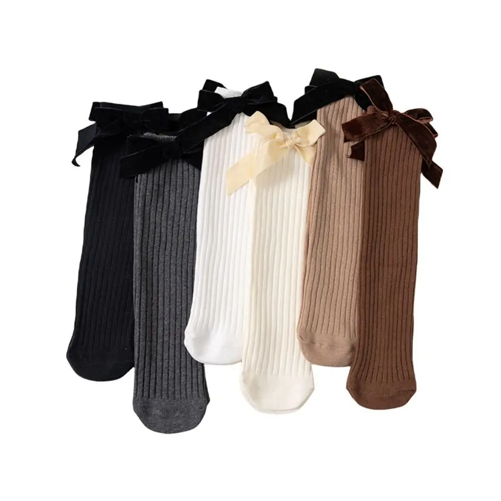 Cotton Blend Knee High Socks Knit Texture Stretchable Princess Socks Bowknot Soft Fabric Children's Stockings For Kid Girls