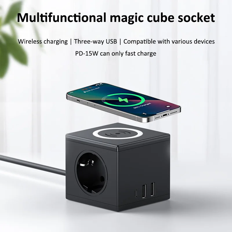 Wireless Charging EU Cube Power Strip with 15W Fast Charge PD USB Ports, Desktop Outlet, Multiple Colors Available