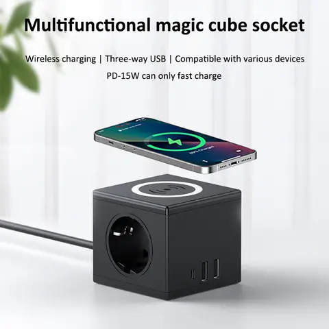 무선 충전 EU 큐브 멀티탭, 15W 고속 충전 PD USB 포트, 데스크탑 콘센트, 다양한 색상 사용 가능