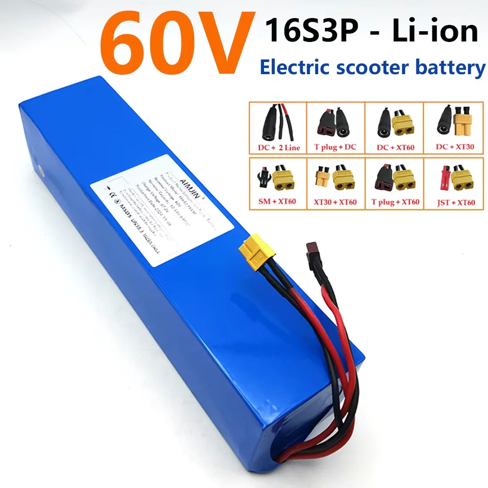 

60V Rechargeable battery 10500mAh 18650 16S3P lithium battery pack with BMS 700W 1500W high-power