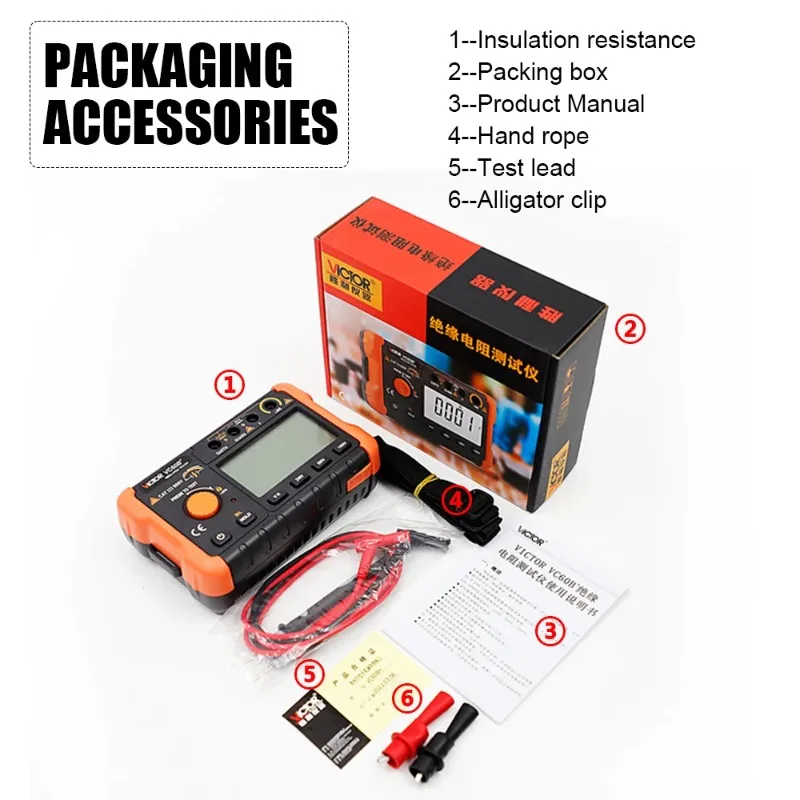 VICTOR VC60B+ 5000 Digit LCD Display New Version 250V 500V 1000V Digital Insulation Resistance Tester Indoor Outdoor use
