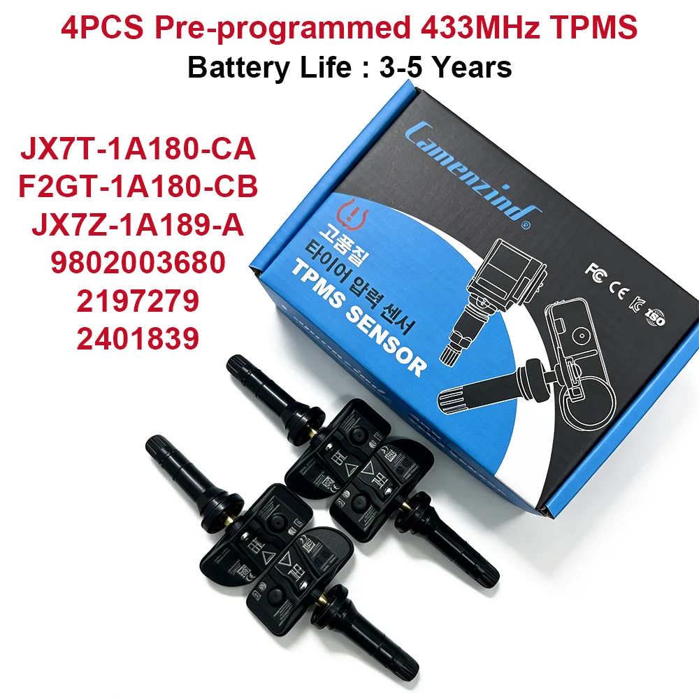 Système de surveillance de la pression des pneus, 4 pièces, capteur préprogrammé TPMS, JX7T-1A180-CA JX7Z-1A189-A F2GT-1A180-CB JX7T1A180CA 2197279 2401839 9802003680 JX7T-1A180-DA, pour Ford Explorer Focus Kuga Puma S-Max Transit 2020 2021 2022 2023, 433MHz
