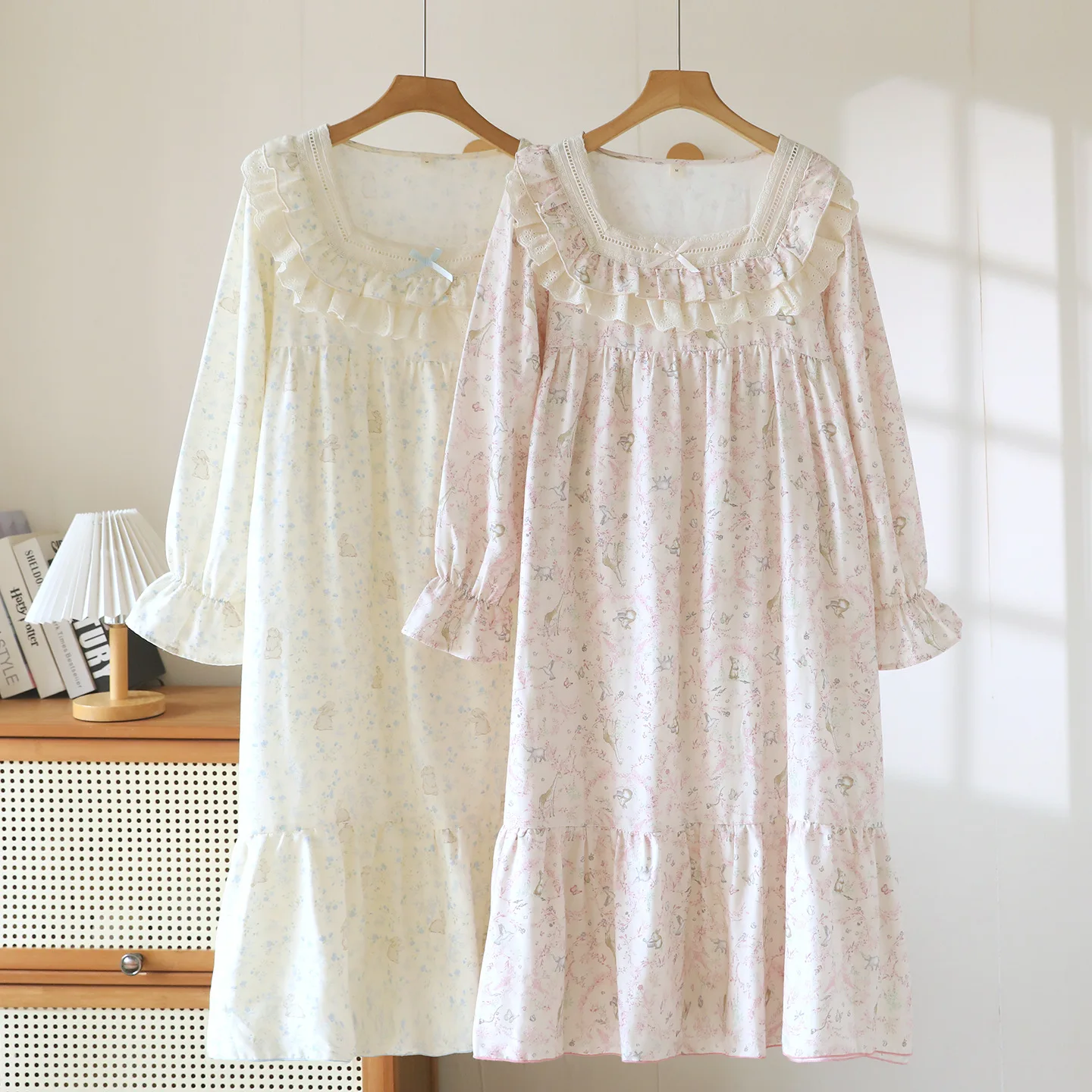 Square Collar Cotton Yarn Bow Lace Pajamas Sweet Style Home Wear Pullover Pajamas Spring Summer New Long Sleeved Nightgown