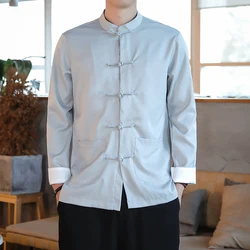 2023 New Chinese Style Retro Buttoned Shirt Mens Tops Tang Suit Sleeve Solid Traditional Kung Fu Hanfu Shirt Plus Size M-5XL