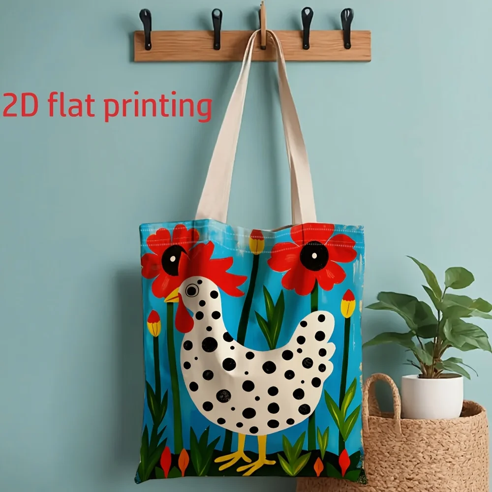 1 Piece of Brightly Colored Spotted Rooster Floral Canvas Shoulder Bag, Tote Bag with Fixed Shoulder Strap, Shopping Bag,