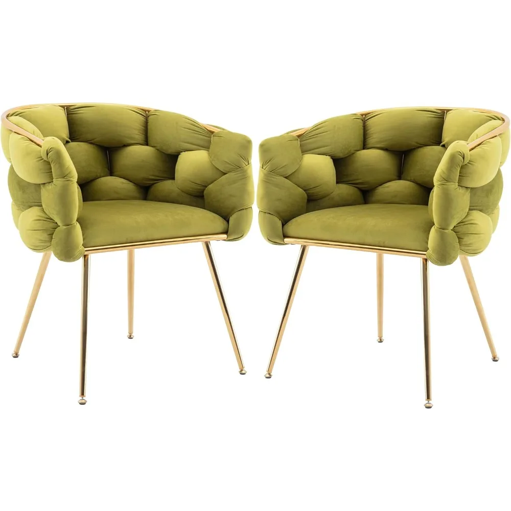 Velvet Dining Chairs, Modern Accent Chair with Golden Mental Legs, Upholstered Hand Weaving Armchair for Dining Room Kitchen Liv
