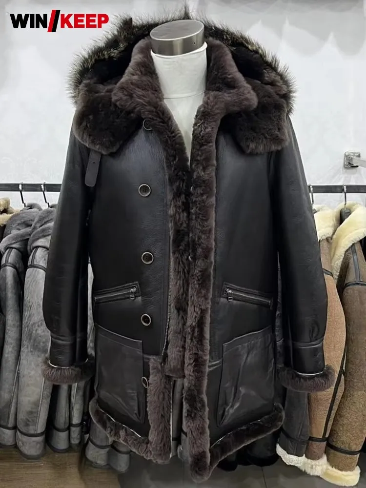Business Casual Style Solid Color Genuine Leather Hooded Male Real Fur Slim Zipper Pocket High Quality Sheepskin Fur Coat