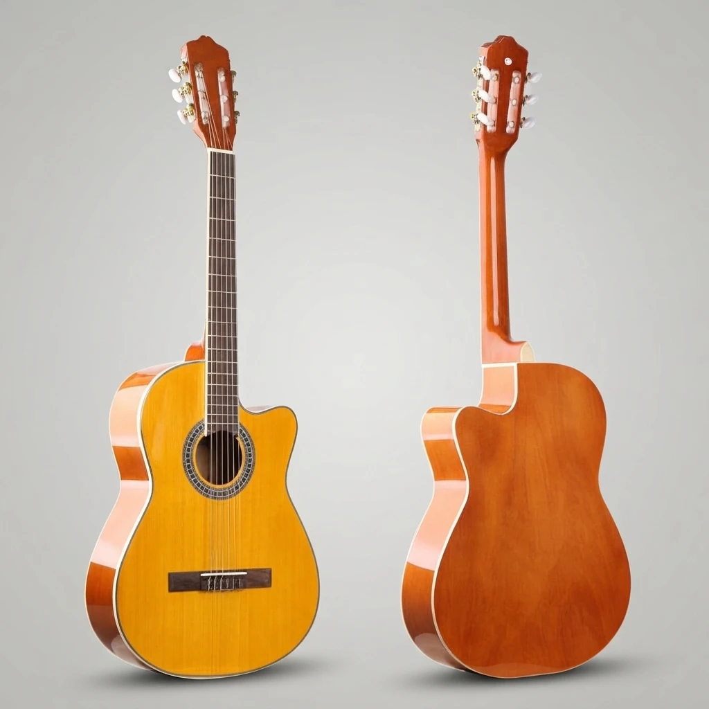 Cutaway Classical Nylon Guitar in 2 Colors, Slotted Headstock, Wide Neck, White Tuners, Decorative Rosette for Beginners
