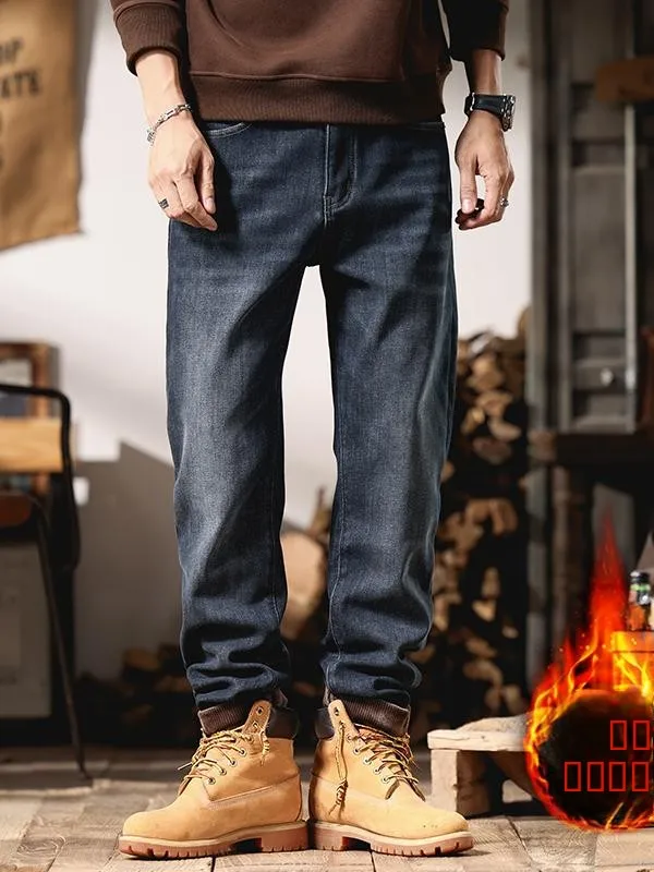 

Extra Large 300 Pou Men's Loose Straight Casual Jeans Thiened Winter Fce Elastic Denim Pants Youth Trendy Wear