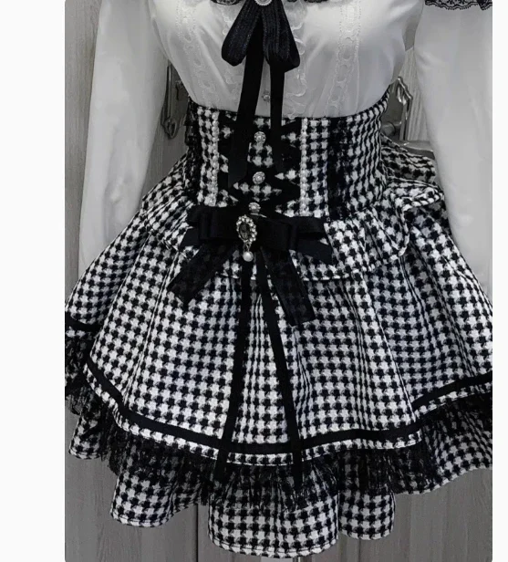 Stile giapponese Nuovo Lolita Minigonna a vita alta Ragazze Donna Nuovo Autunno Rhienstone Fiocco Nero Pied de poule Dolce Gonne corte