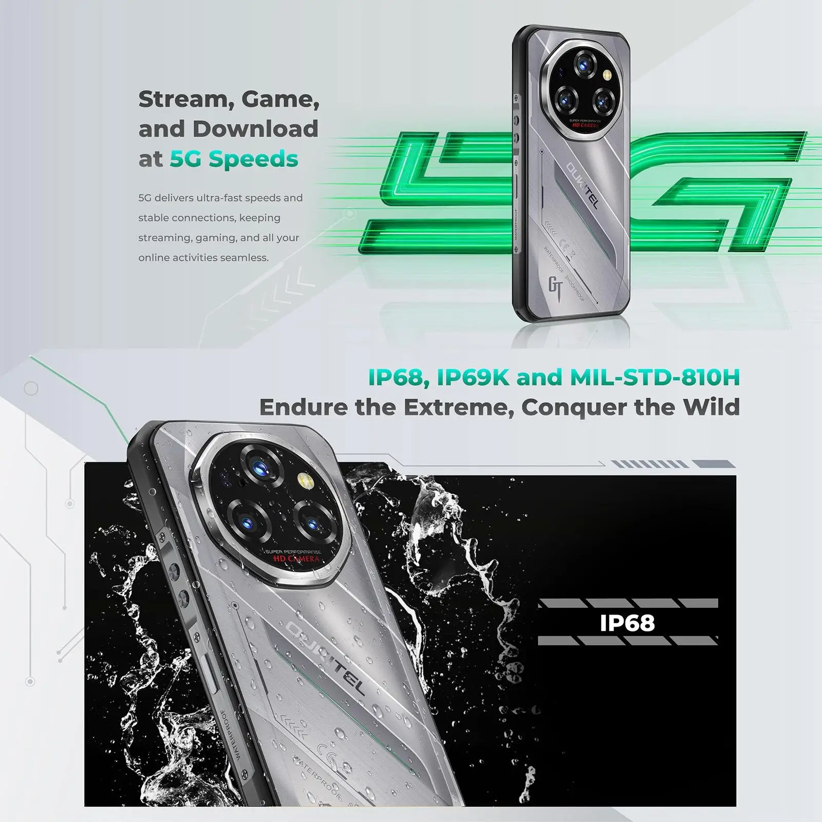 Oukitel WP62 5G Robustes Smartphone 108MP Kamera 11000mAh 33W 8GB+256GB 6,6 Zoll FHD+ IPS Display 120Hz Android 15 NFC