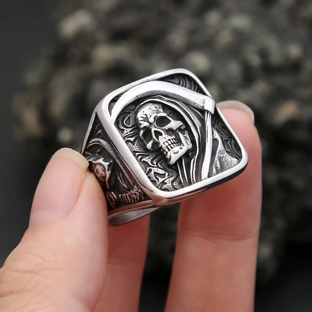 Vintage Stainless Steel Death Sickle Skull Rings For Men Punk Hip Hop Domineering Skull Ring Party Biker Jewelry Gifts Wholesale