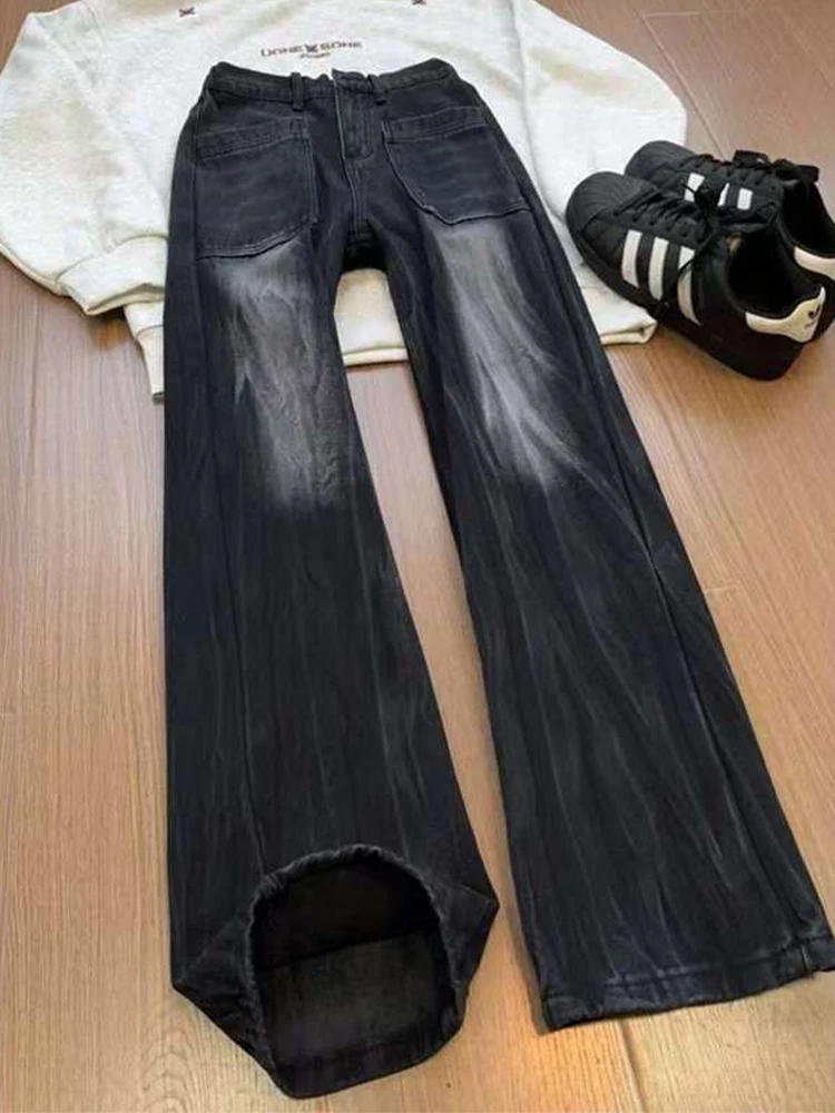 

Retro American Lightning Pattern Waed Denim Jeans Men's Thiened Fce Autumn Winter Straight Leg Long Workwear Trousers