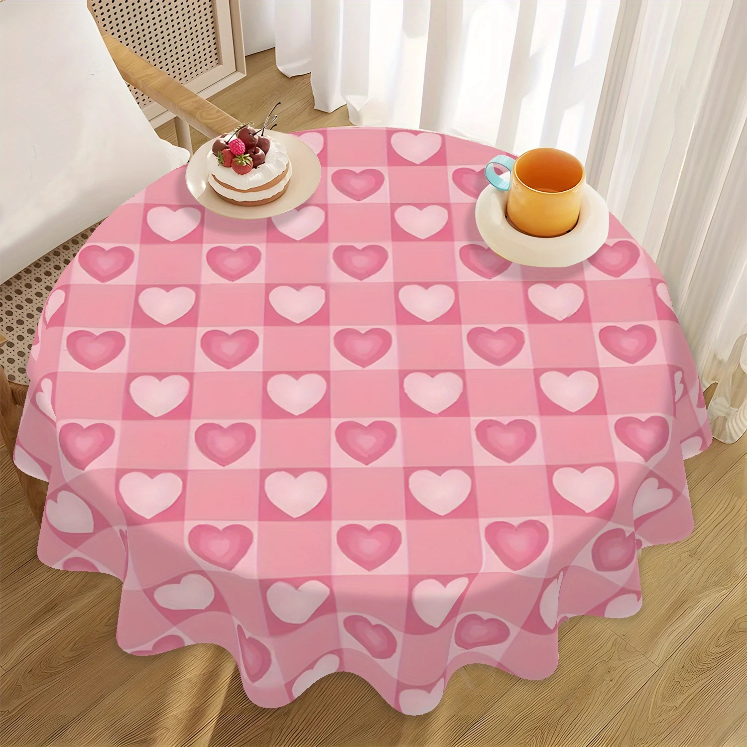 One pink heart-patterned tablecloth, 61 inches in diameter, 100% polyester fiber