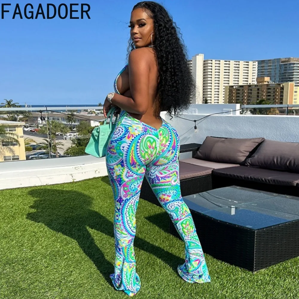 FAGADOER Green Fashion Retro Pattern Printing Halter Bodycon Jumpsuits Women Deep V Sleeveless Backless Playsuits Female Overall