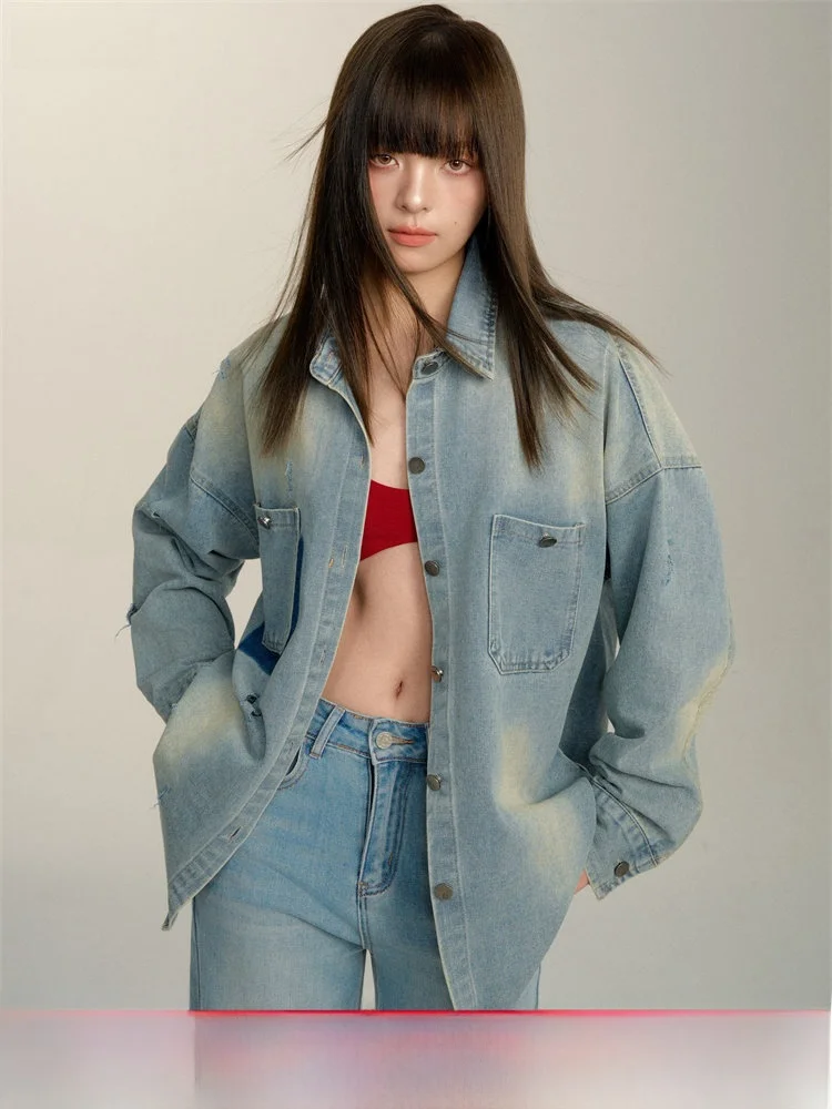 

Chill Zoeys Vintage Design Denim Jaet Women's Spring 2026 New Sle Loose Fit Long Sve Button up Pure Color Commute Sle