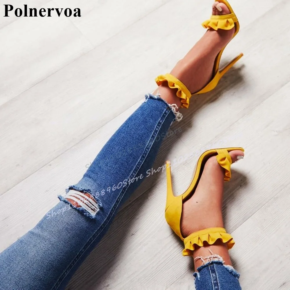 

Graceful Yellow Flock Ruffles Sandals Thin High Heel Women Shoes Ankle Buckle Strap Open Toe 2025 Fashion Zapatos Para Mujere