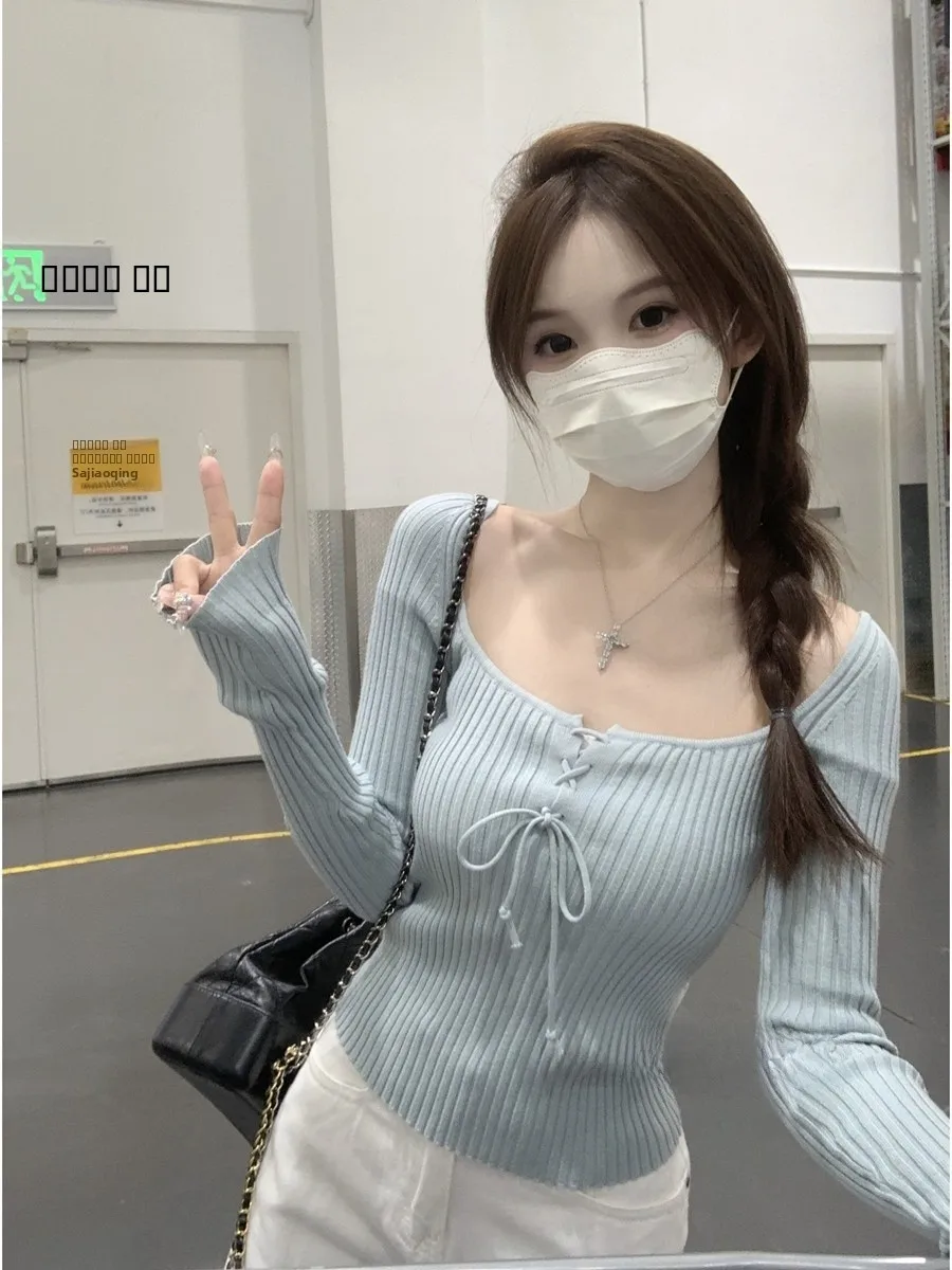 

Сексуальный вязаный свитер, женский внутренний свитер с квадратным воротником и галстуком, облегающий крой, ранняя зима, новый Sle Pure Desire Sweet Spicy