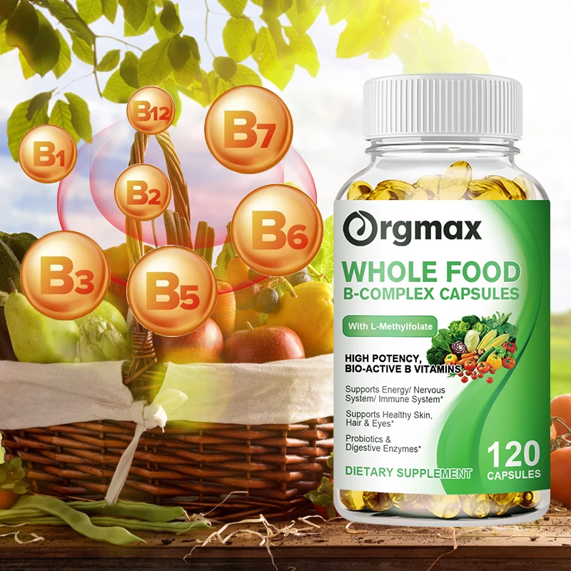 Orgmax Vitamin B Complex Capsules Whole Food Supplement B1 B2 B3 B5 B6 B7 B9 B12 Resveratrol Stress Relief Energy&Immune Support