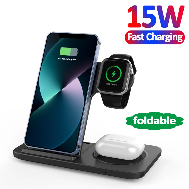 Foldable Wireless Charger Stand For iPhone 15 14 13 12 11 Apple Watch iWatch 8 7 6 Airpods Pro 3 in 1 Fast Charging Station