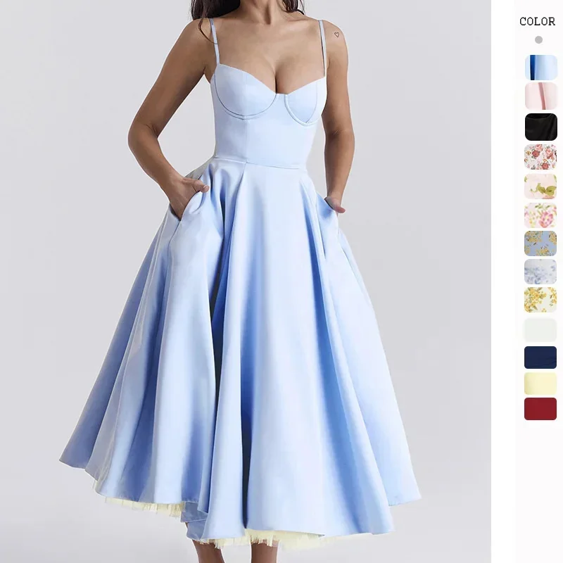 

Blue Backless V-neck High Waist Long Dress Women's New Sexy Solid Color Strapless Evening Dress Elegant Sleeveless Long Dress