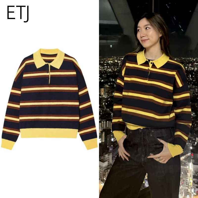 

ETJ 2025 women's autumn/winter new product preppy fashion yellow striped POLO neck loose long-sleeved knit