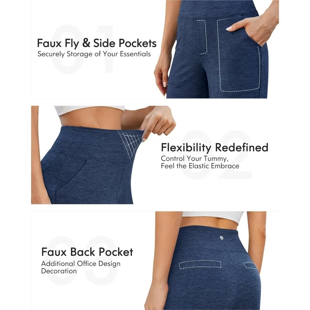 (Bule) سروال يوجا بنطال ذو قصة أرجل واسعة مع جيوب فستان عالي الخصر قابل للتمدد بنطال رياضي كاجوال صغير/عادي