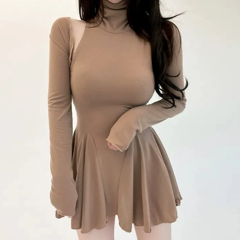 2026 Korean Sexy Hot Girl Style Turtleneck Pleated Sleeveless Women Dress+Long Sleeve Solid Short Cardigan Two-Piece Set