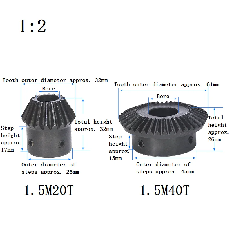 1pcs Single 1.5 Module Bevel Gear 1:2 15/20/30/40Teeth 45# Steel Bore 5mm-20mm Mechanical Transmission Gear