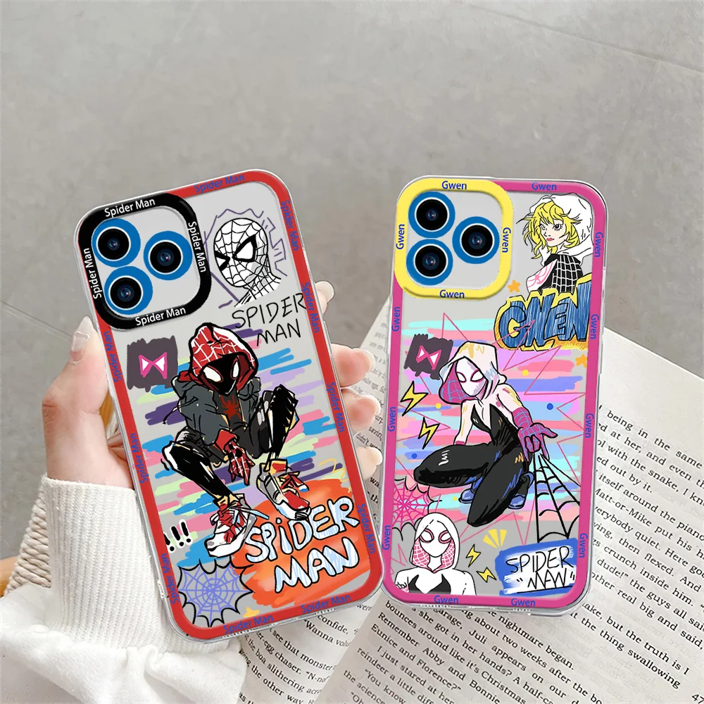 Capa de telefone MINISO Spider Ma Gwen para iPhone 12 11 13 14 15 16 Max Pro Plus com moldura transparente