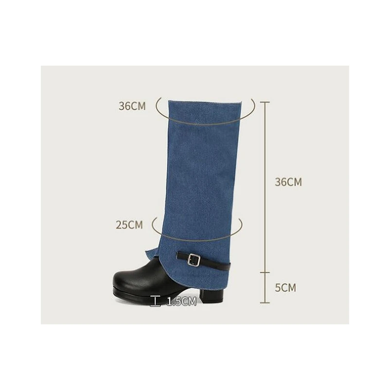 ASILETO Brand Denim Knee Boots 5cm Square Heel Round Toe Slip On Blue Black Beige Big Size 46 47 48 49 50 US15 US16 US18 US19