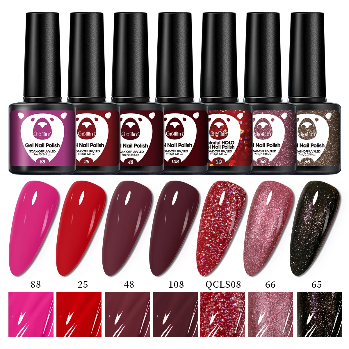 ชุดยาทาเล็บเจล 7 ชิ้น Groillim, สำหรับตกแต่งงานปาร์ตี้และงานแต่งงานหลากสีสัน, เบสโค้ทเจลแบบลอกออกได้สำหรับงานศิลปะบนเล็บ, ของขวัญสำหรับผู้หญิง