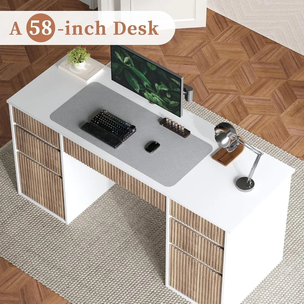 Large 58 Inch White Desk with 7 Drawers, Home Office Desk for Storage and Organization, Executive Style Desk with File Cabinet S